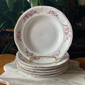 Vintage Set of 6 Chodziez Poland Gold + Floral Porcelain Flat Rimmed Soup Bowls